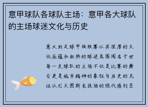 意甲球队各球队主场：意甲各大球队的主场球迷文化与历史